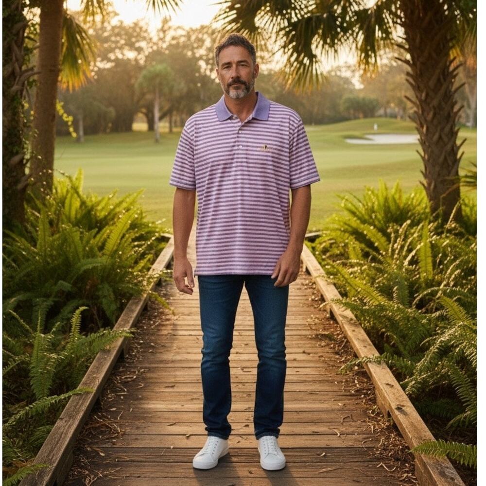 Peter Millar Indian Wells Golf Polo Shirt Purple Stripe Sz Large NWOT